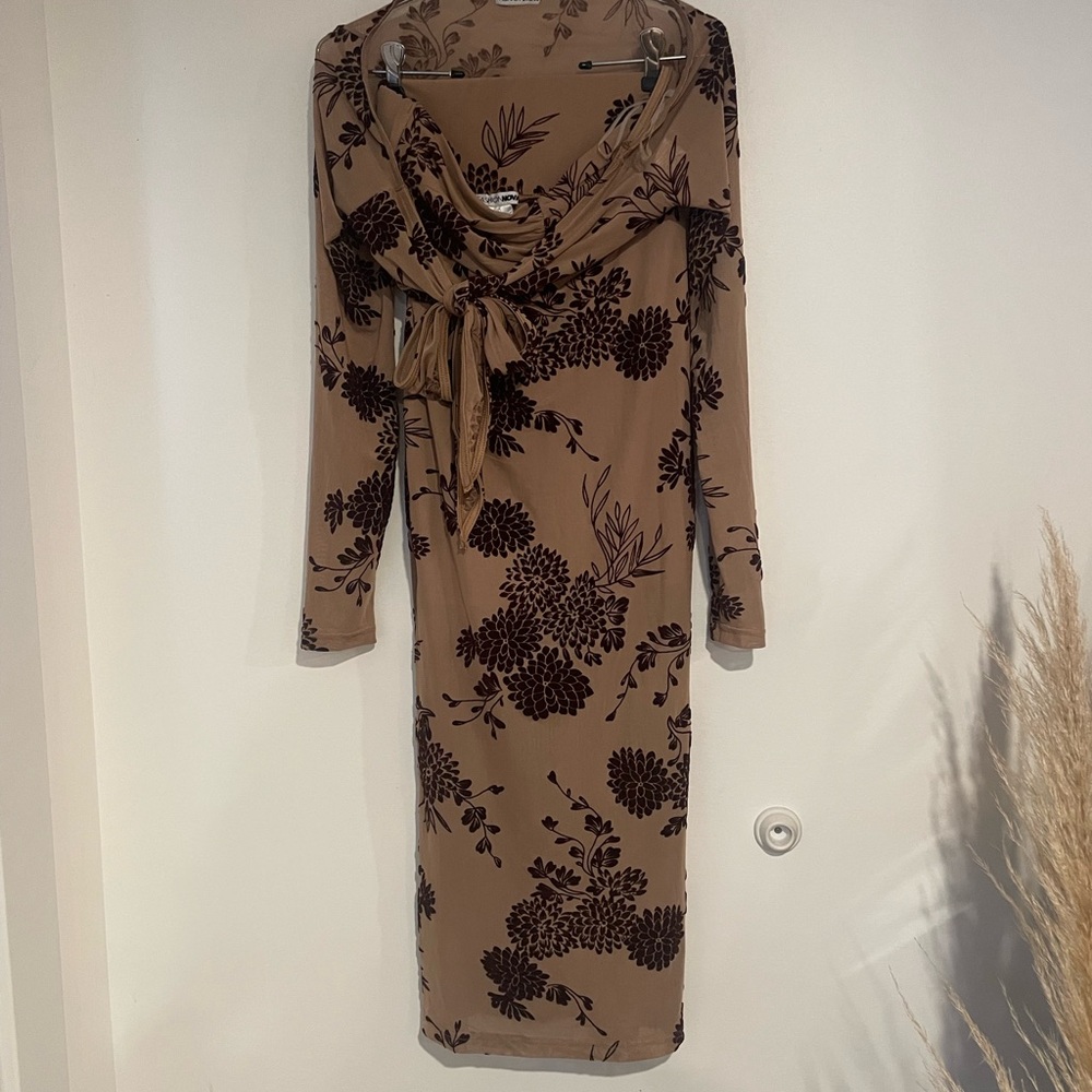 Fashion Nova Tan Floral Long Sleeve 2 Piece Crop Top and Skirt